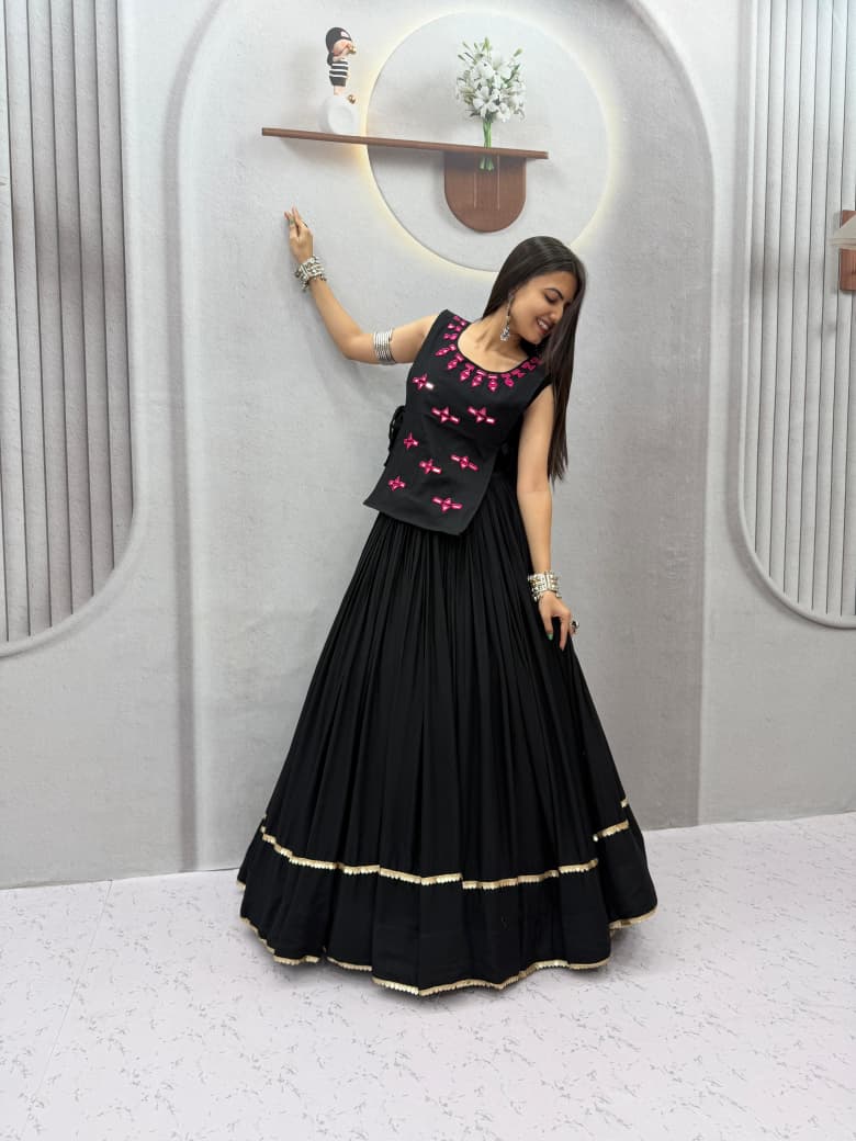 SM Rayon Cotton Real Mirror Handwork Jacket 6M Flair Lehenga Choli Set