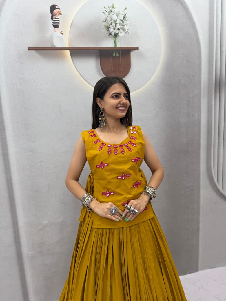 SM Rayon Cotton Real Mirror Handwork Jacket 6M Flair Lehenga Choli Set