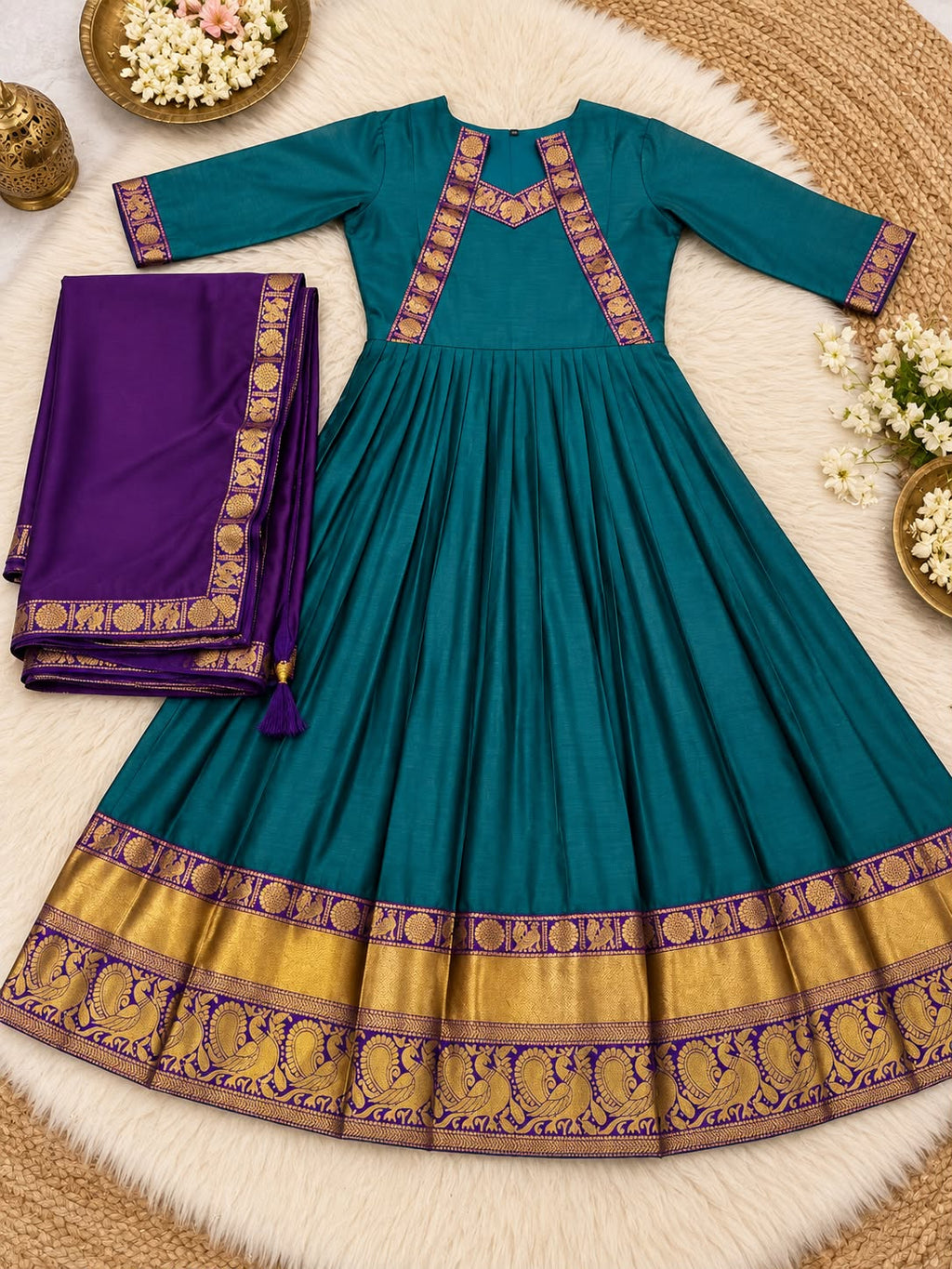 SM The Rukmani Collection: Premium Cotton Spun Festive Gown with Rangoli Silk Dupatta