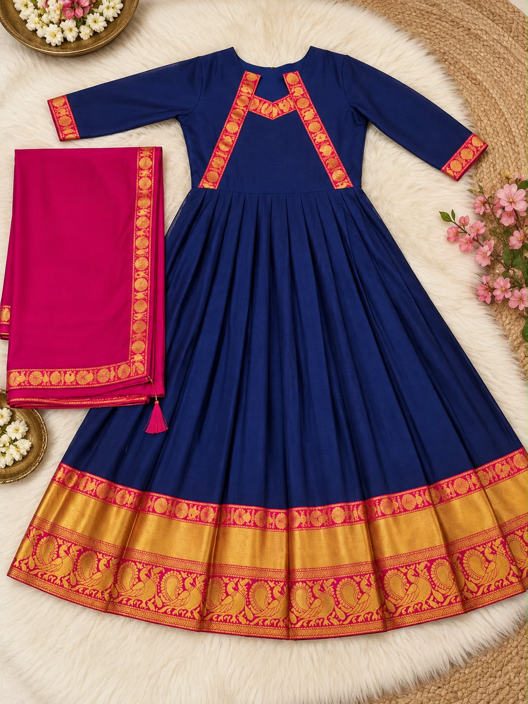 SM The Rukmani Collection: Premium Cotton Spun Festive Gown with Rangoli Silk Dupatta