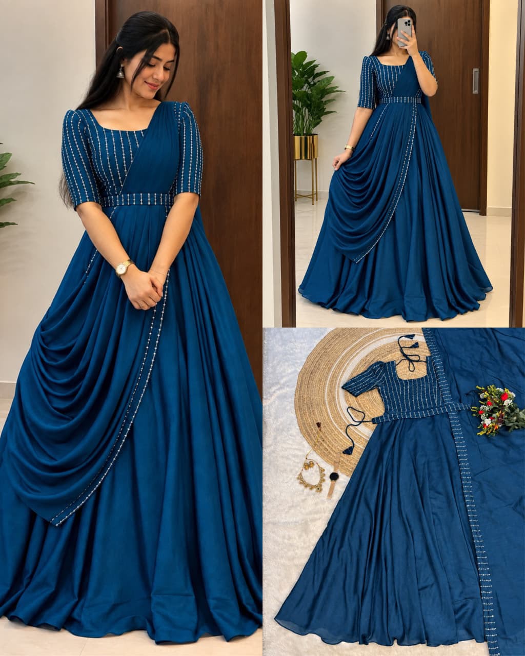 SM Exclusive Party Wear Draping Style Vichitra Silk Gown Set with Designer Belt