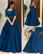 SM Exclusive Party Wear Draping Style Vichitra Silk Gown Set with Designer Belt