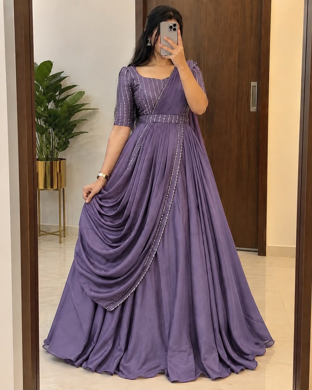 SM Exclusive Party Wear Draping Style Vichitra Silk Gown Set with Designer Belt