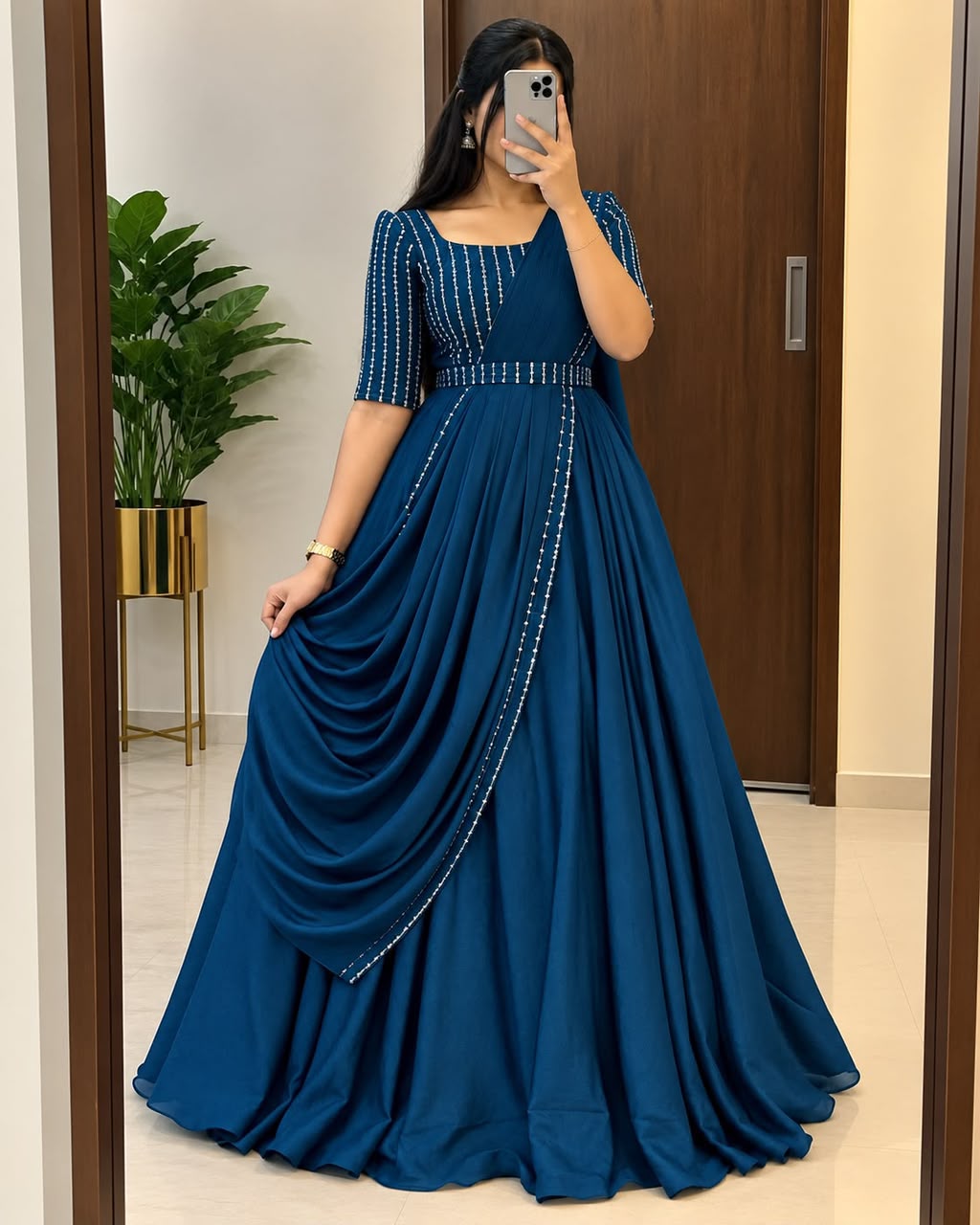 SM Exclusive Party Wear Draping Style Vichitra Silk Gown Set with Designer Belt