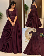 SM Exclusive Party Wear Draping Style Vichitra Silk Gown Set with Designer Belt