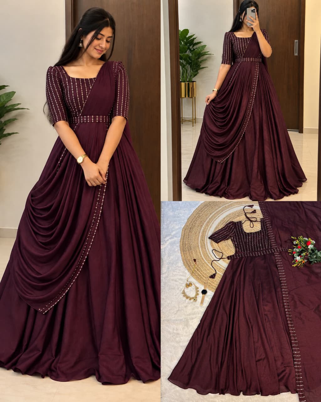 SM Exclusive Party Wear Draping Style Vichitra Silk Gown Set with Designer Belt