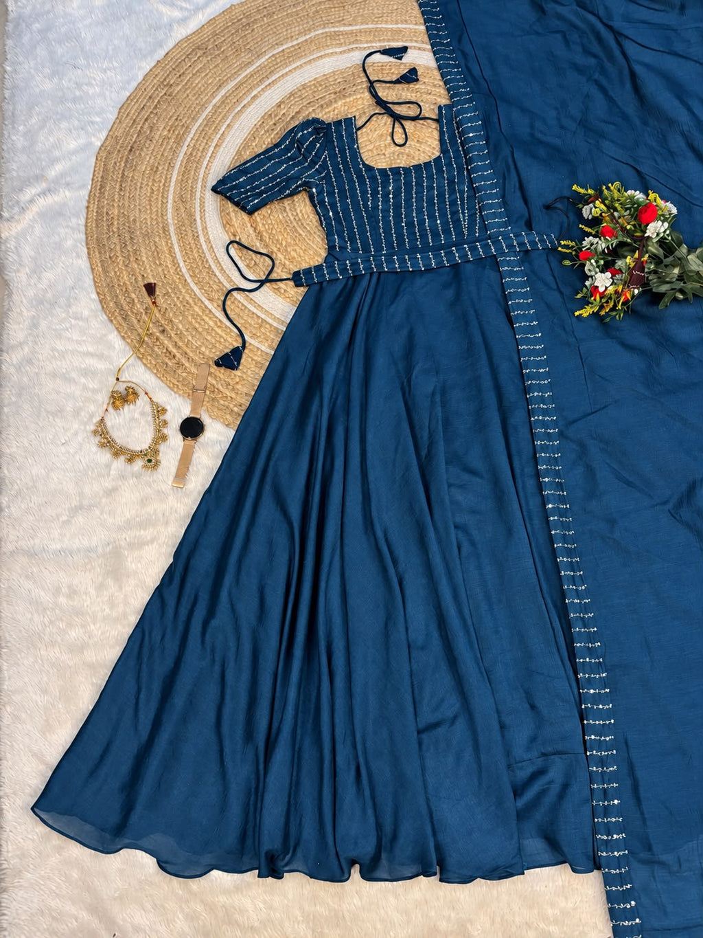 SM Exclusive Party Wear Draping Style Vichitra Silk Gown Set with Designer Belt