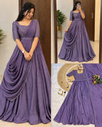 SM Exclusive Party Wear Draping Style Vichitra Silk Gown Set with Designer Belt