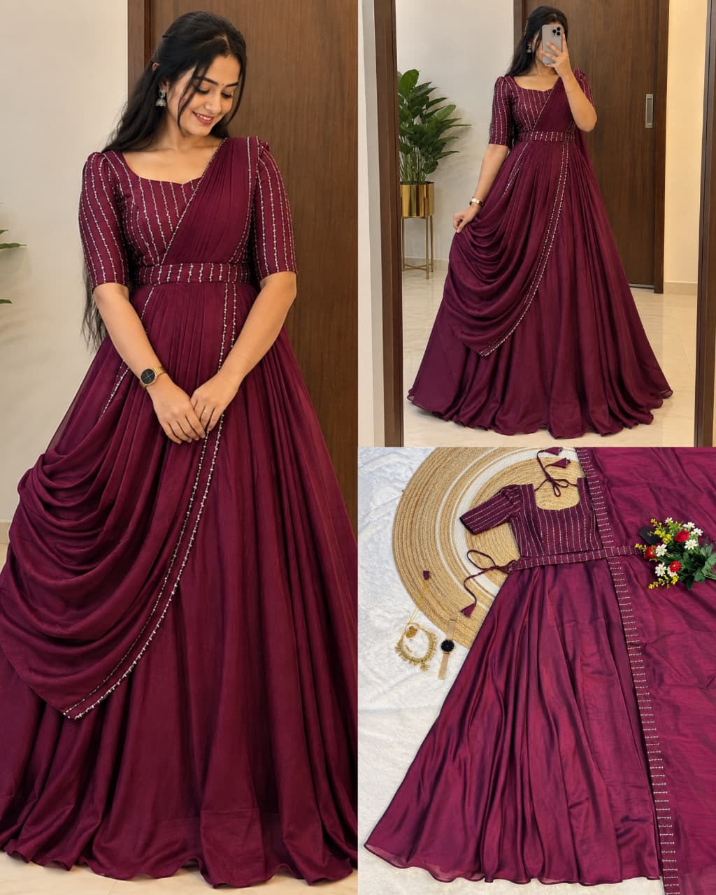 SM Exclusive Party Wear Draping Style Vichitra Silk Gown Set with Designer Belt