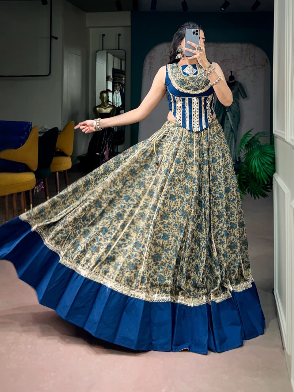 SM Chanderi Cotton 8-Meter Flair Lehenga Set with Real Mirror Lace & Pocket