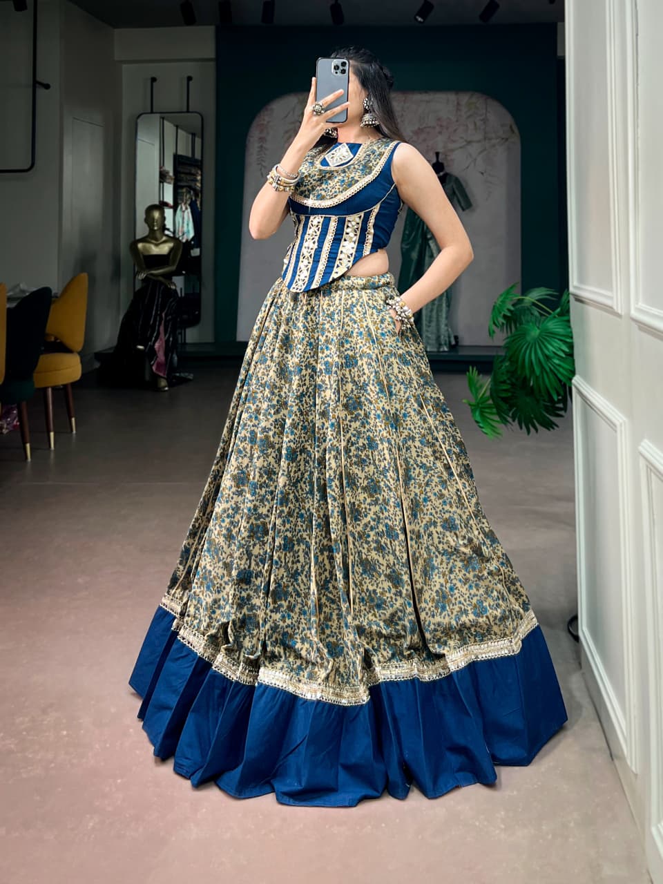 SM Chanderi Cotton 8-Meter Flair Lehenga Set with Real Mirror Lace & Pocket