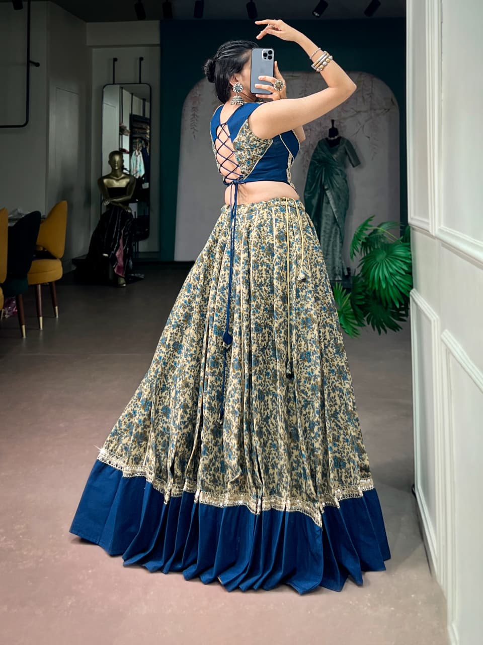 SM Chanderi Cotton 8-Meter Flair Lehenga Set with Real Mirror Lace & Pocket