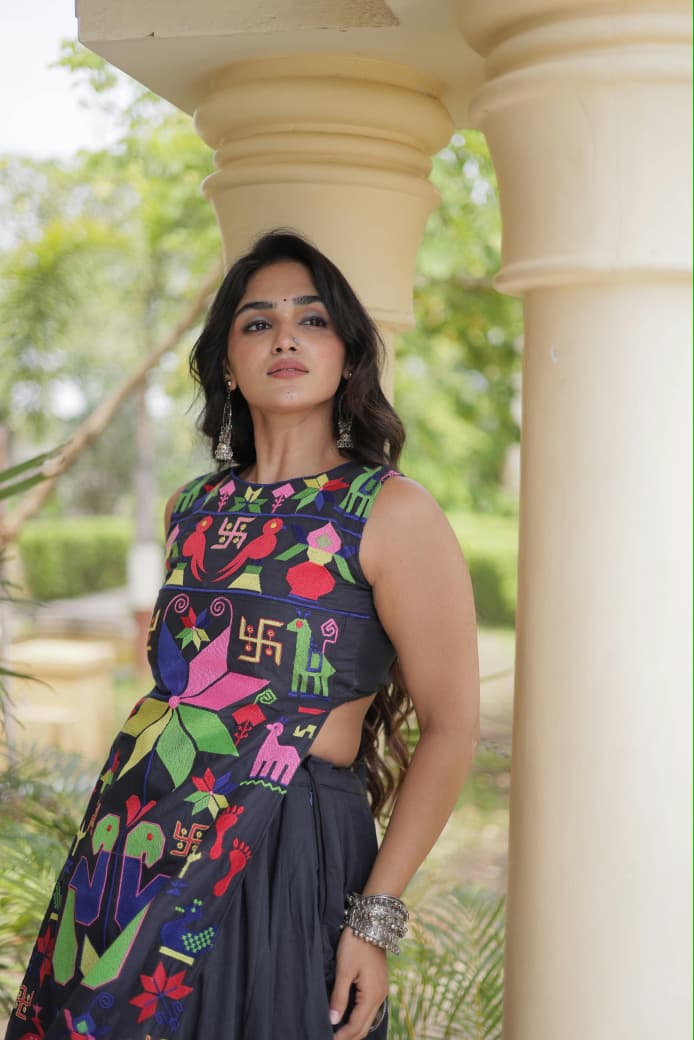 SM Fully Stitched Black Cora Cotton Garba Lehenga Set with Gamthi Thread Work