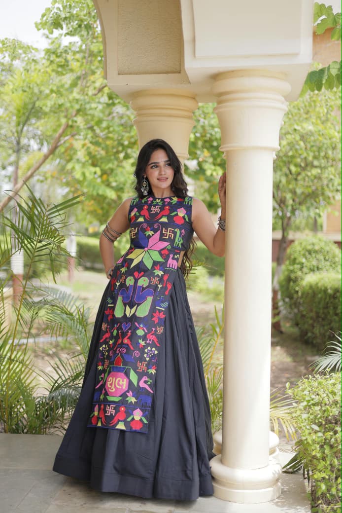 SM Fully Stitched Black Cora Cotton Garba Lehenga Set with Gamthi Thread Work