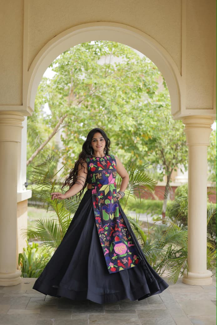 SM Fully Stitched Black Cora Cotton Garba Lehenga Set with Gamthi Thread Work