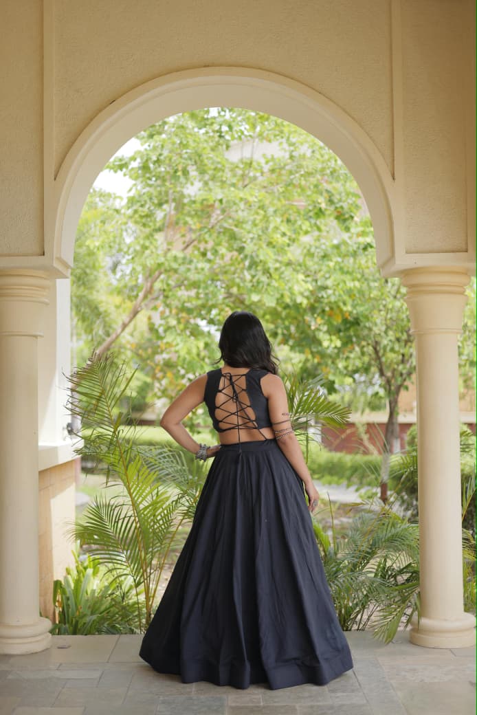 SM Fully Stitched Black Cora Cotton Garba Lehenga Set with Gamthi Thread Work