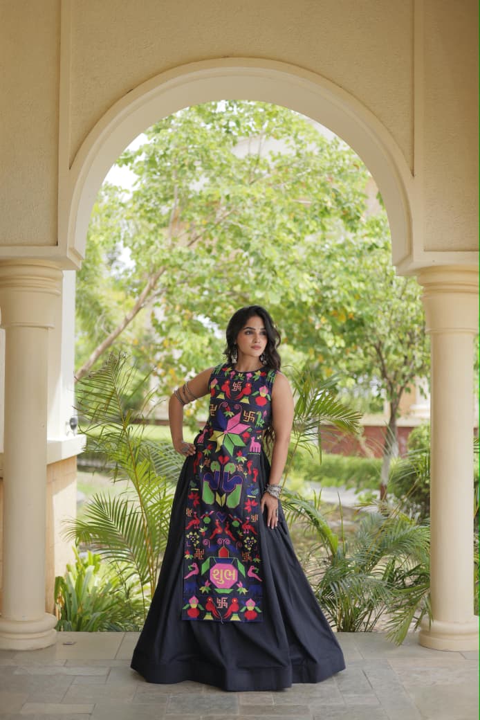 SM Fully Stitched Black Cora Cotton Garba Lehenga Set with Gamthi Thread Work