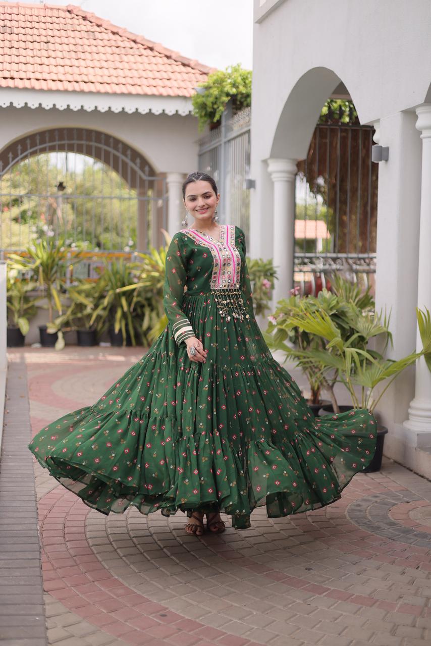 SM Grand Flair Laheriya Print Faux Georgette Gown with Kutchi Patchwork
