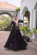 SM Grand Flair Laheriya Print Faux Georgette Gown with Kutchi Patchwork