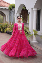 SM Grand Flair Laheriya Print Faux Georgette Gown with Kutchi Patchwork