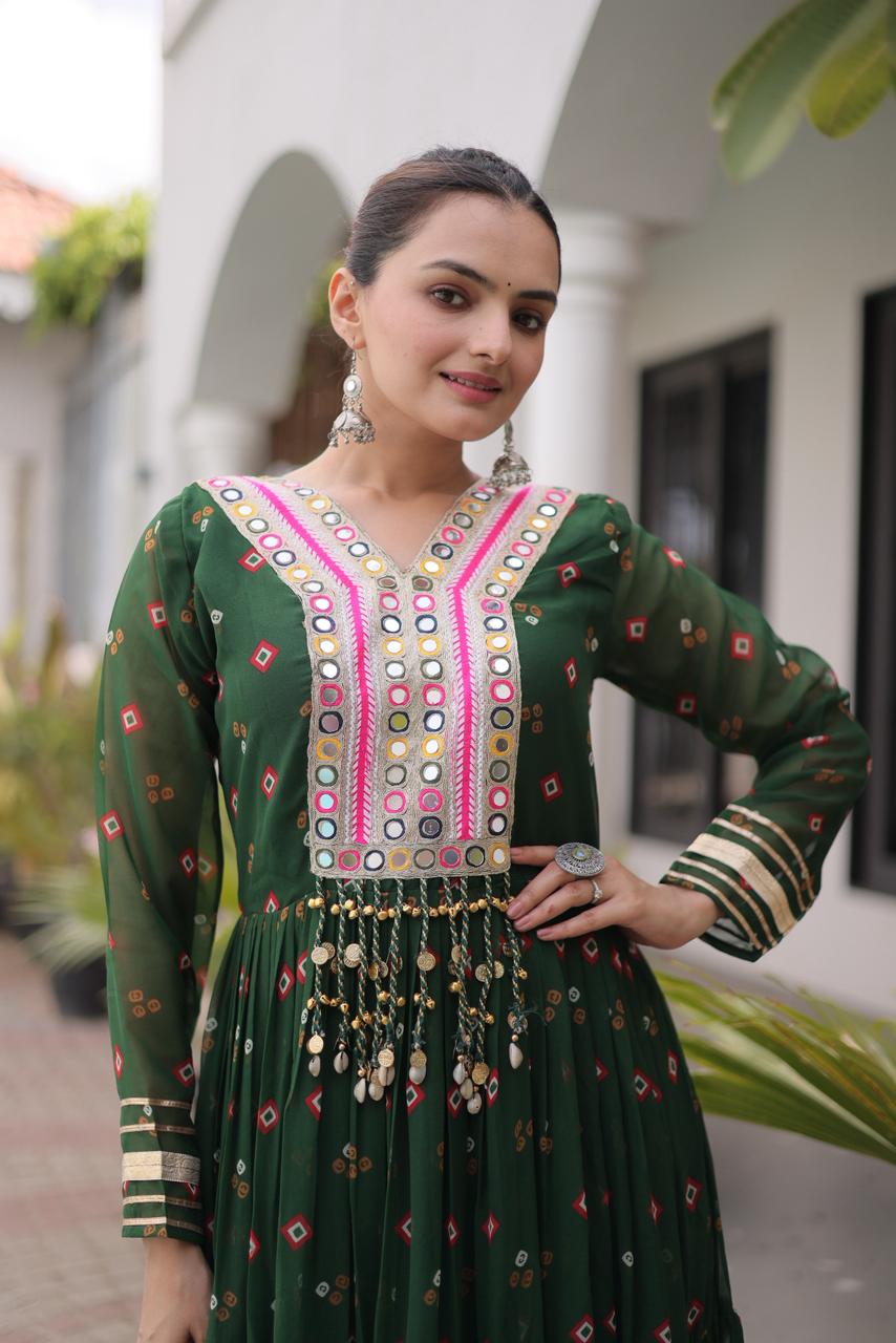 SM Grand Flair Laheriya Print Faux Georgette Gown with Kutchi Patchwork