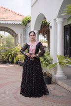 SM Grand Flair Laheriya Print Faux Georgette Gown with Kutchi Patchwork