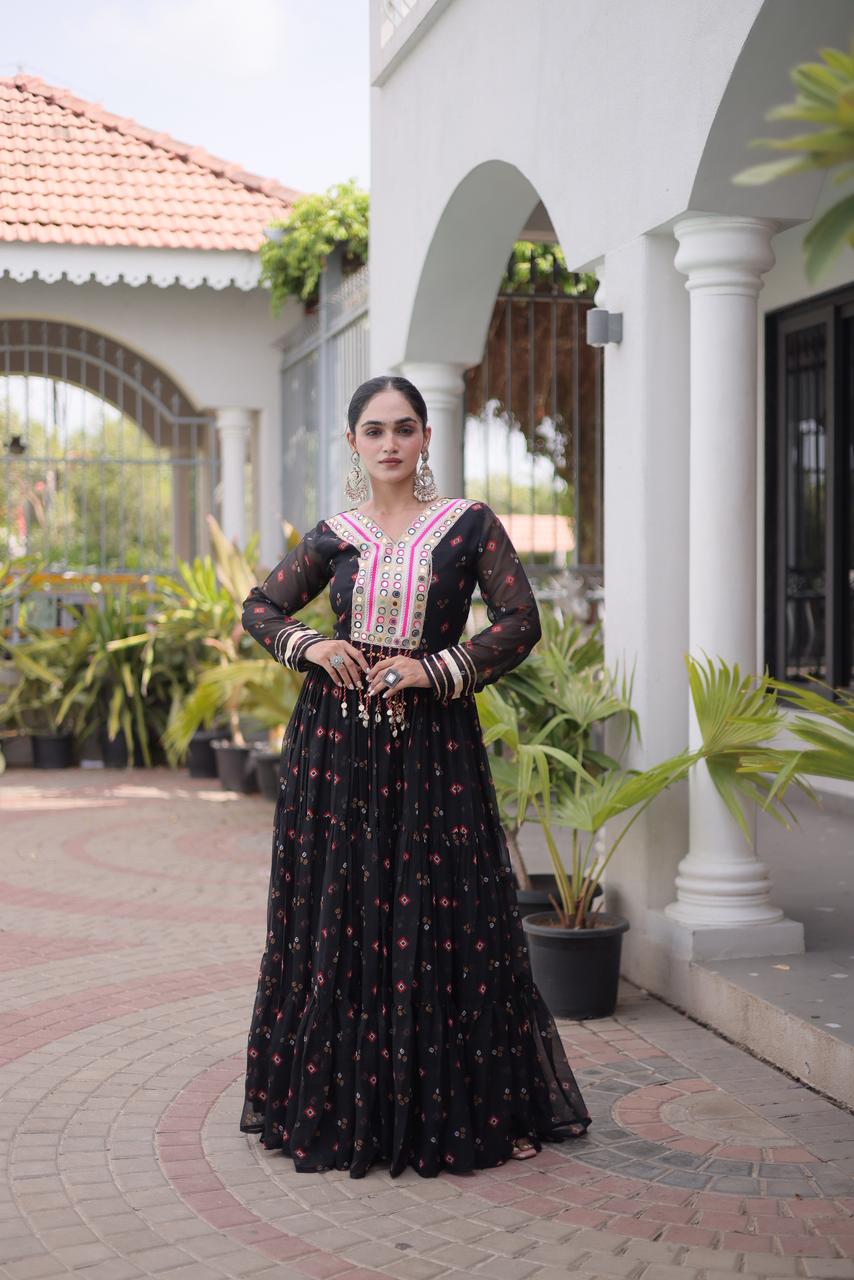 SM Grand Flair Laheriya Print Faux Georgette Gown with Kutchi Patchwork