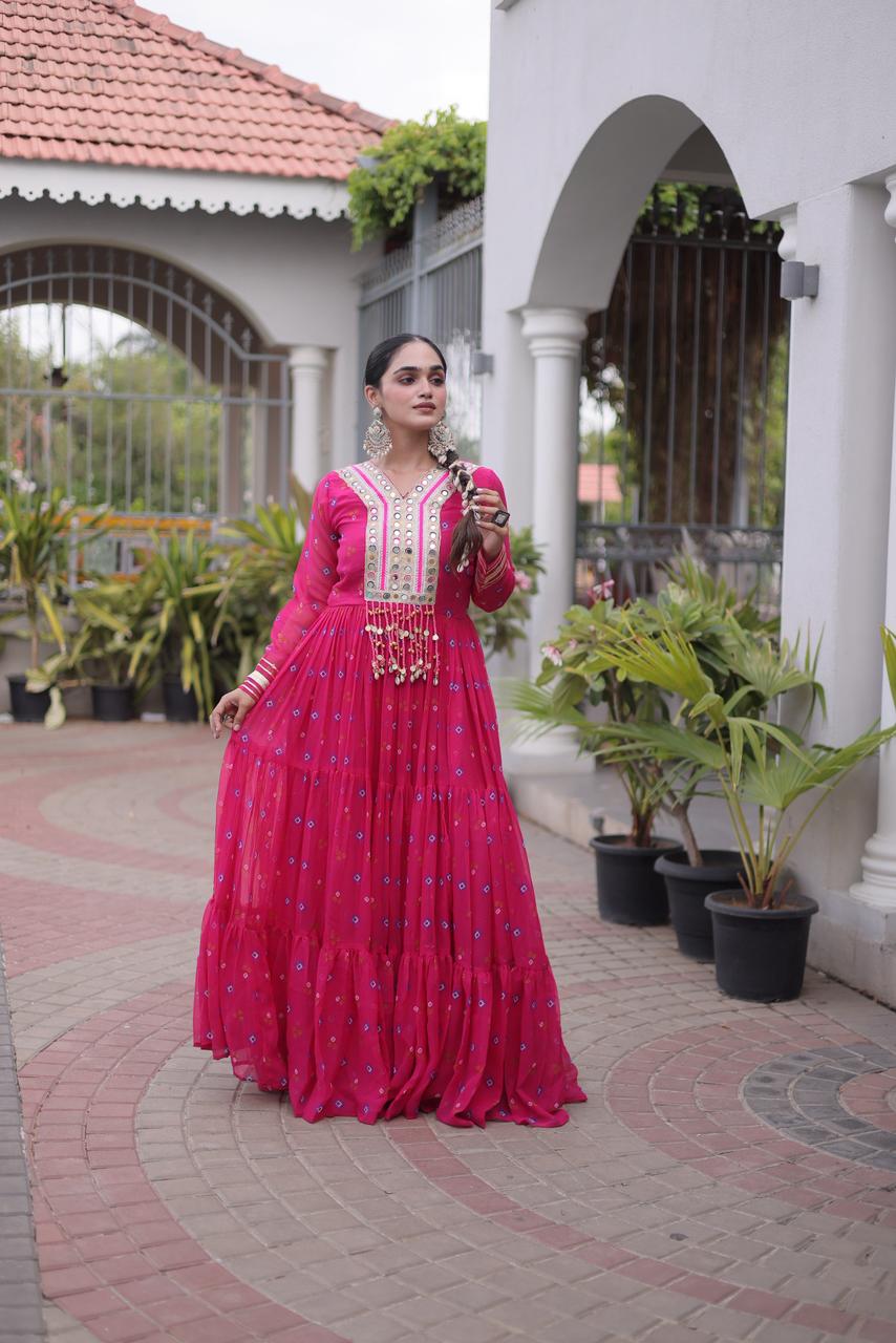 SM Grand Flair Laheriya Print Faux Georgette Gown with Kutchi Patchwork