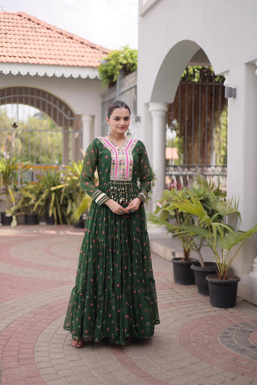 SM Grand Flair Laheriya Print Faux Georgette Gown with Kutchi Patchwork