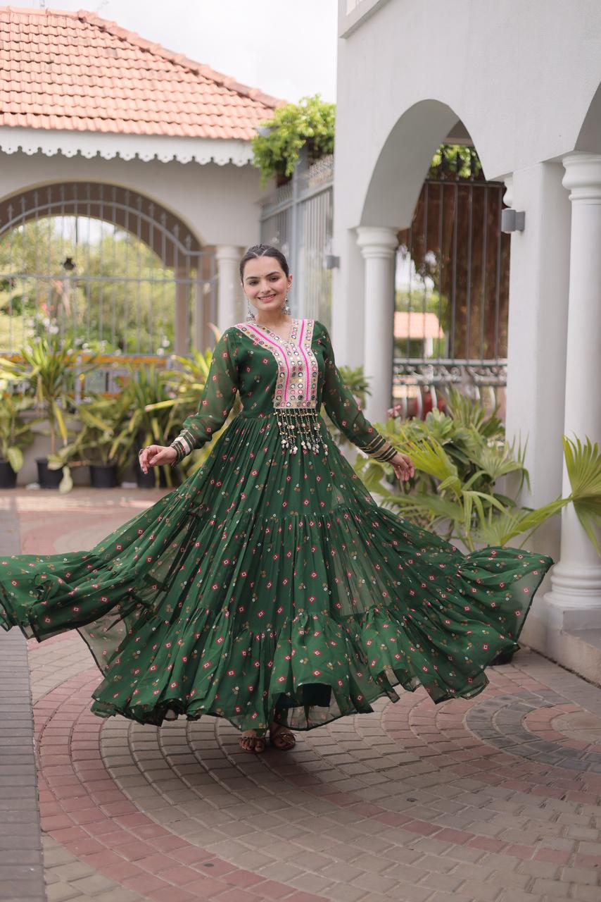 SM Grand Flair Laheriya Print Faux Georgette Gown with Kutchi Patchwork