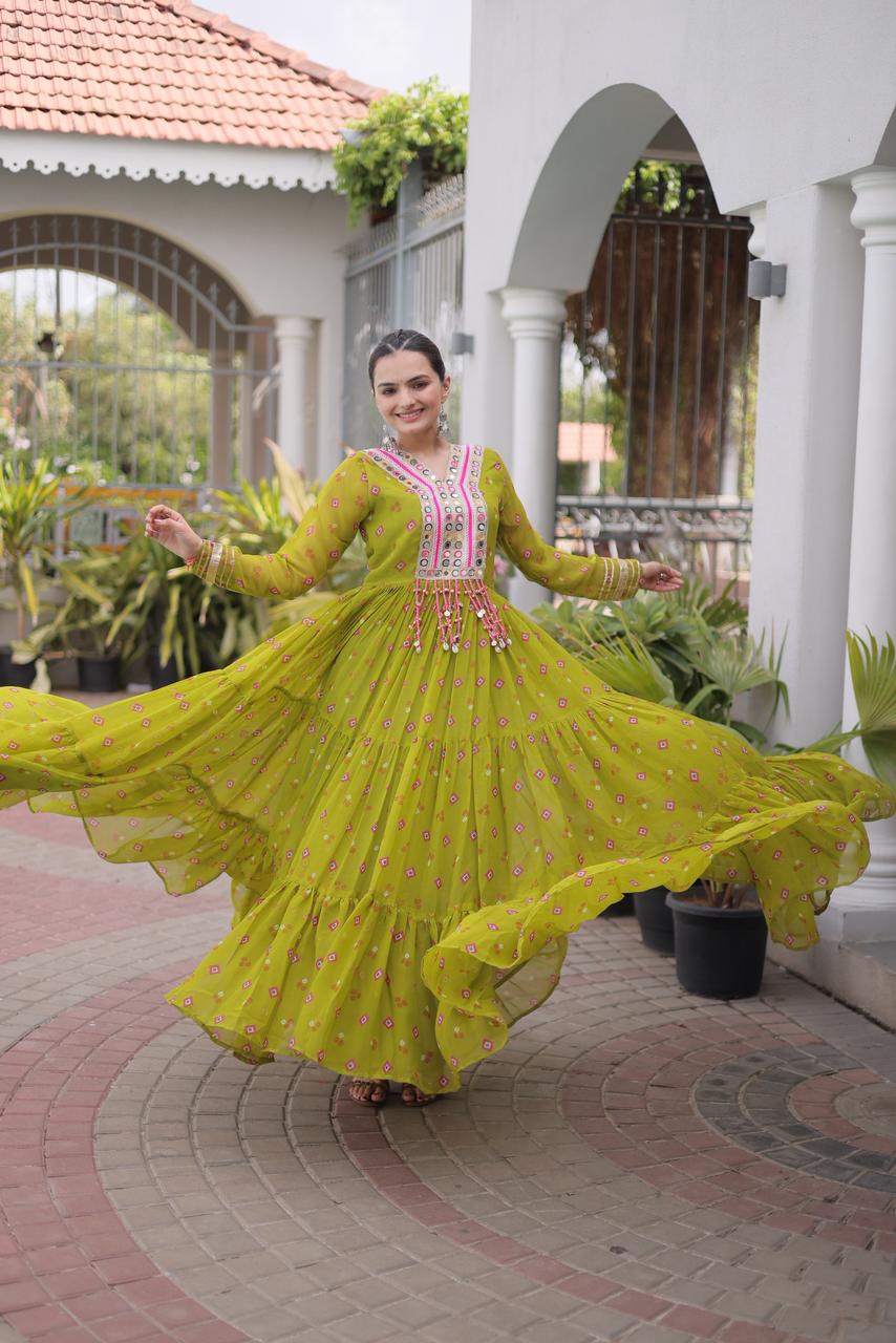 SM Grand Flair Laheriya Print Faux Georgette Gown with Kutchi Patchwork