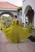 SM Grand Flair Laheriya Print Faux Georgette Gown with Kutchi Patchwork