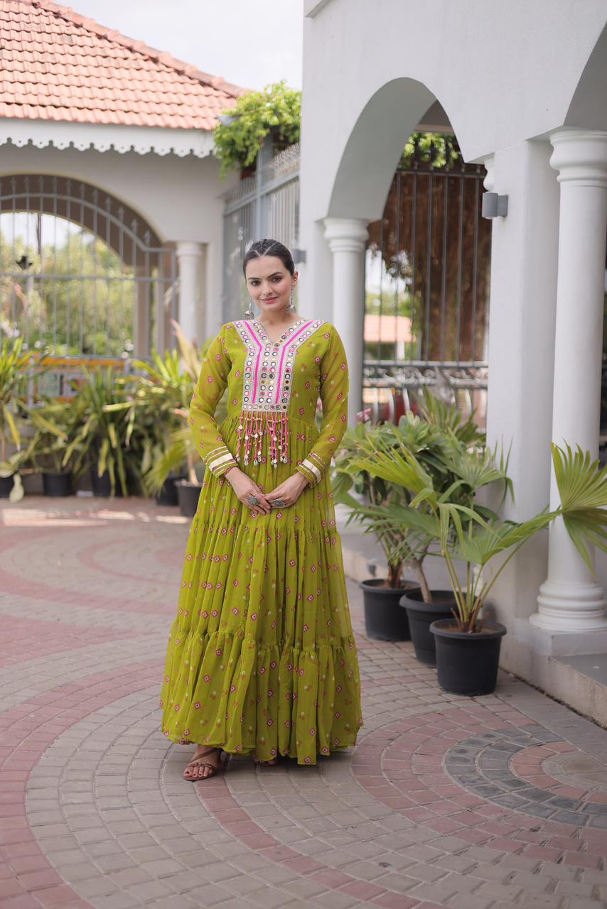 SM Grand Flair Laheriya Print Faux Georgette Gown with Kutchi Patchwork