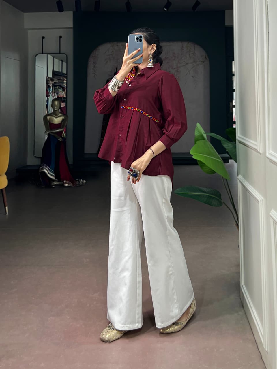 SM Handcrafted Kodi & Gamthi Work Party Wear Chinon Shirt
