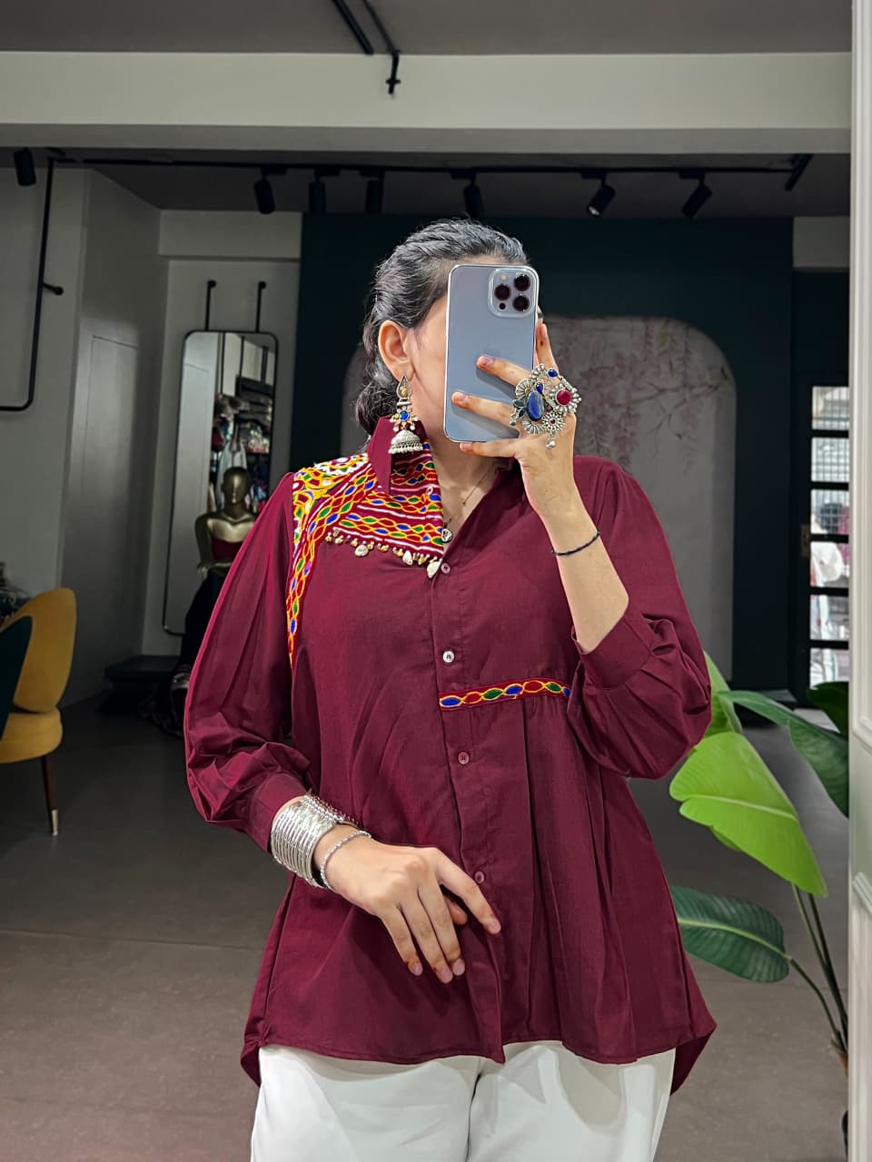 SM Handcrafted Kodi & Gamthi Work Party Wear Chinon Shirt