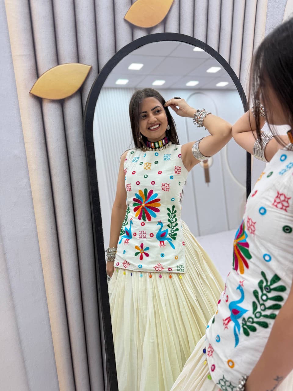 SM Handcrafted Real Mirror & Thread Work Khadi Cotton Festive Lehenga Set
