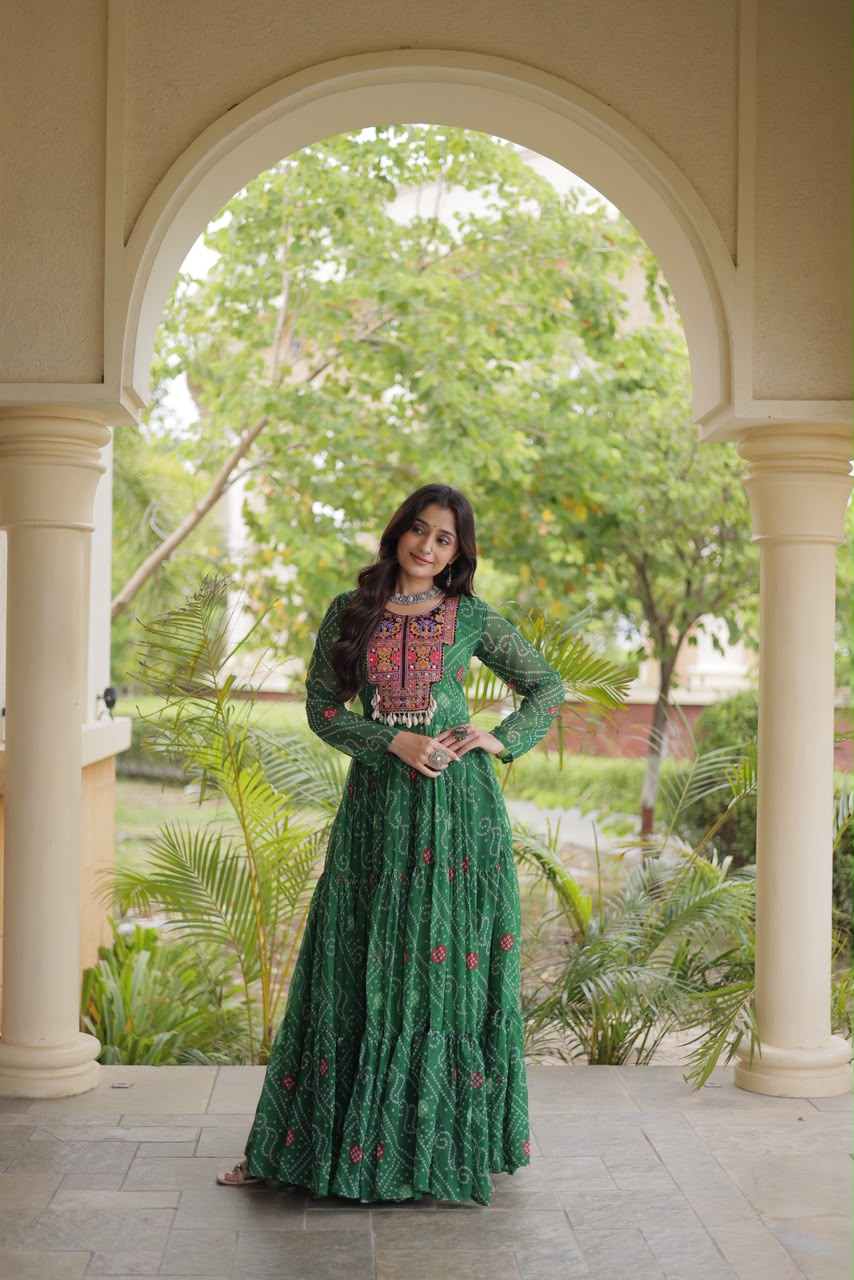 SM Grand Flair Bandhani Print Faux Georgette Gown with Kutchi Patchwork
