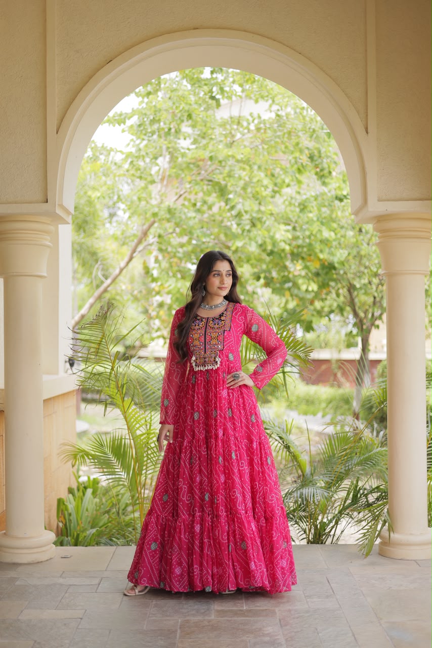 SM Grand Flair Bandhani Print Faux Georgette Gown with Kutchi Patchwork