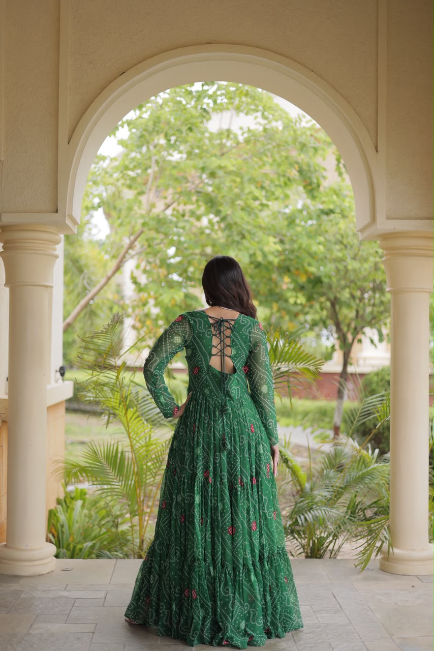 SM Grand Flair Bandhani Print Faux Georgette Gown with Kutchi Patchwork
