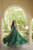 SM Grand Flair Bandhani Print Faux Georgette Gown with Kutchi Patchwork