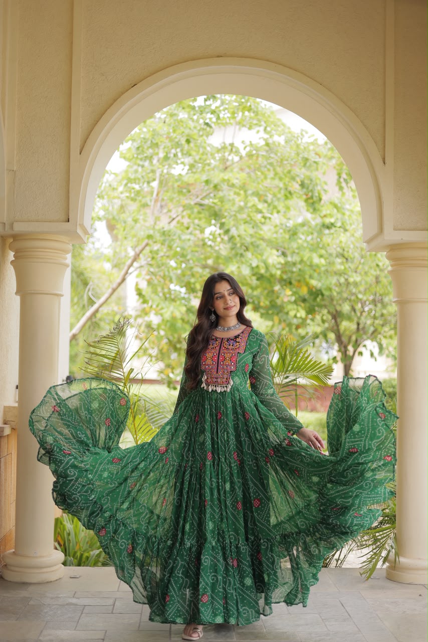 SM Grand Flair Bandhani Print Faux Georgette Gown with Kutchi Patchwork