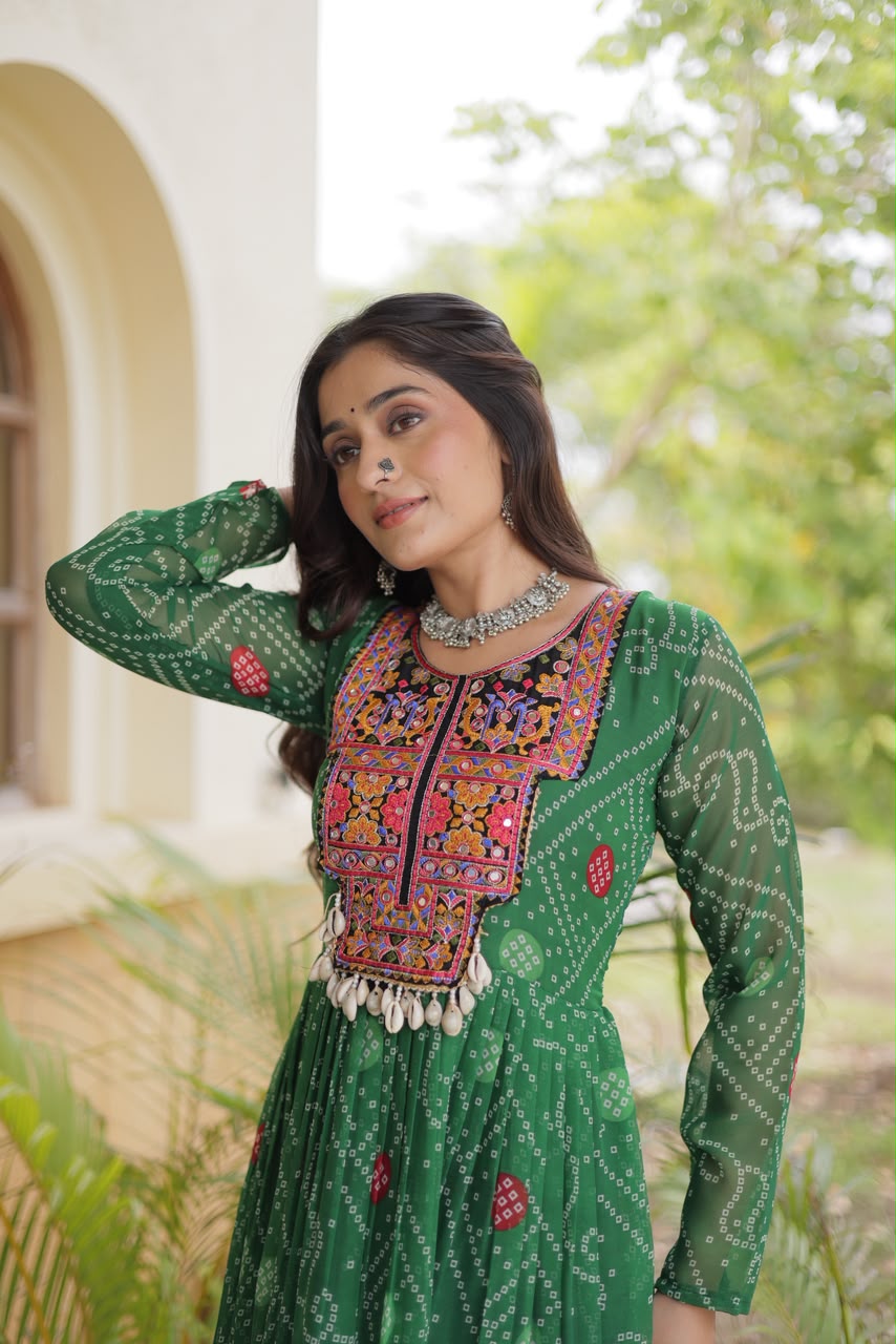 SM Grand Flair Bandhani Print Faux Georgette Gown with Kutchi Patchwork