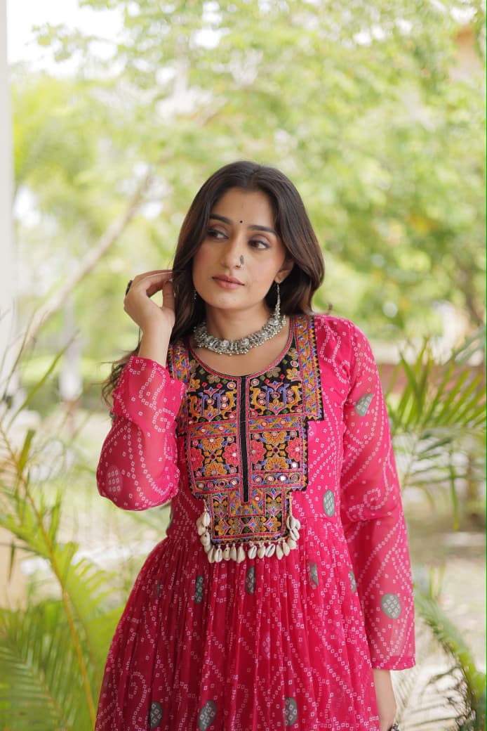 SM Grand Flair Bandhani Print Faux Georgette Gown with Kutchi Patchwork