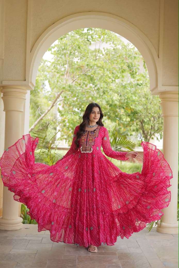 SM Grand Flair Bandhani Print Faux Georgette Gown with Kutchi Patchwork