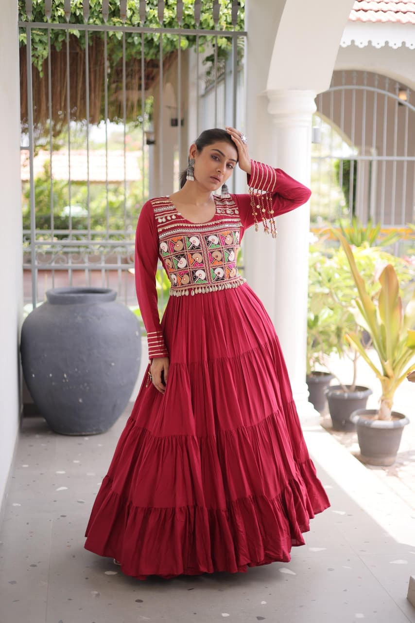 SM Rayon Kutchi Gamthi & Mirror Work Festive Gown