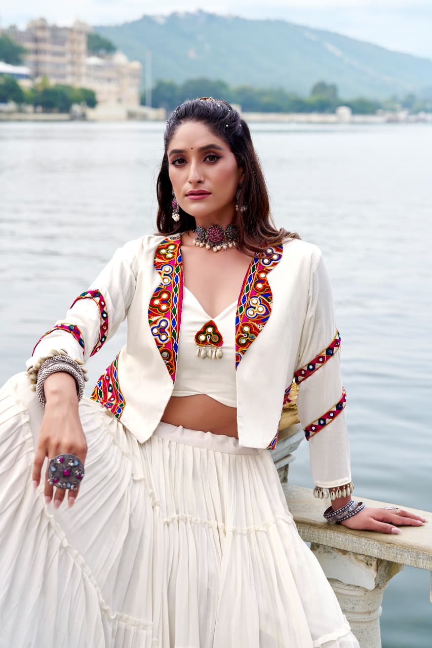 SM Traditional Gamthi & Mirror Work 3-Piece Jacket Lehenga Set