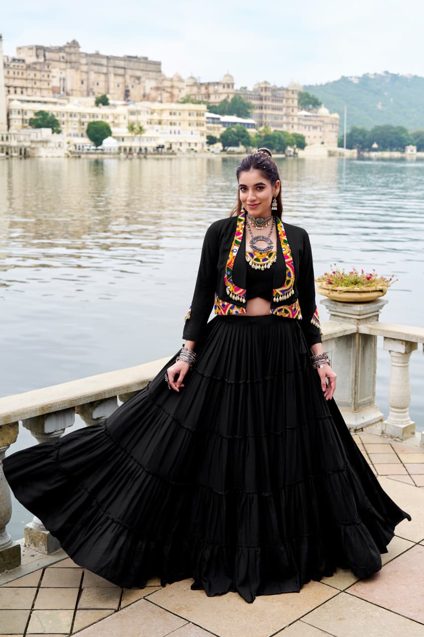 SM Traditional Gamthi & Mirror Work 3-Piece Jacket Lehenga Set