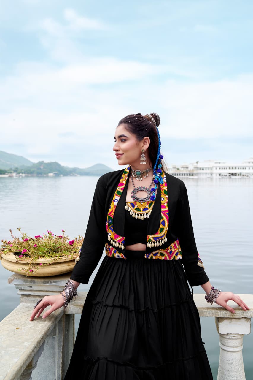 SM Traditional Gamthi & Mirror Work 3-Piece Jacket Lehenga Set