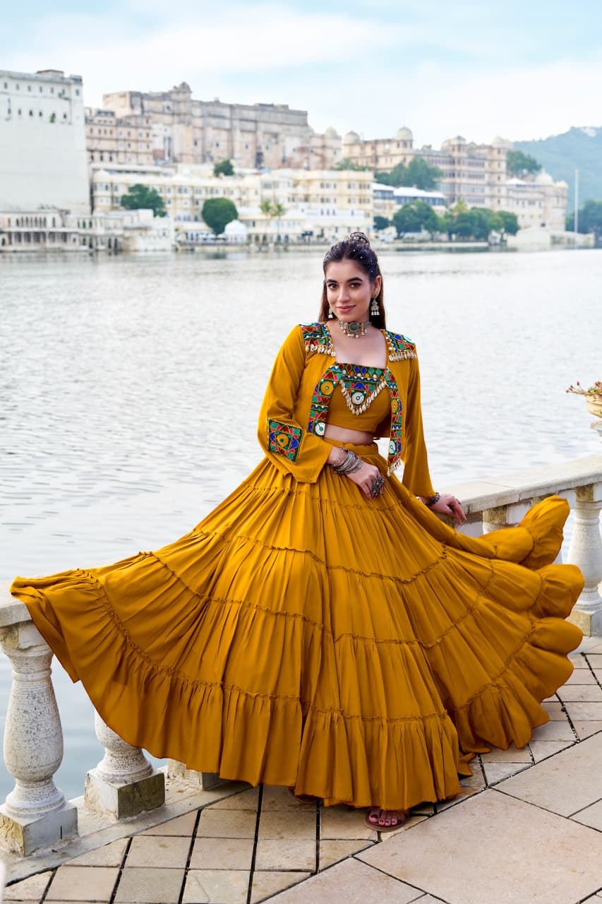 SM Traditional Gamthi & Mirror Work 3-Piece Jacket Lehenga Set