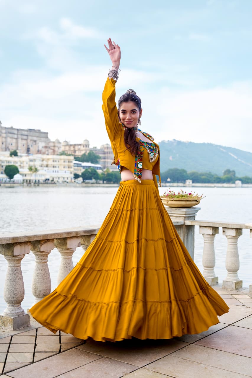 SM Traditional Gamthi & Mirror Work 3-Piece Jacket Lehenga Set